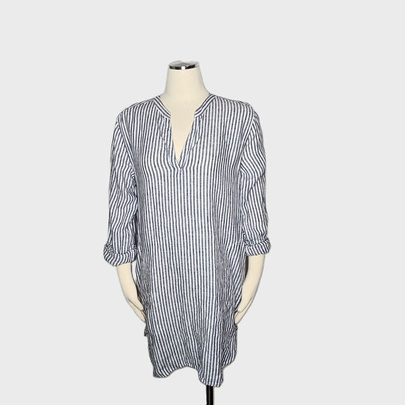 Tahari 100% Linen Striped Tunic Dress Blue White Roll Tab Sleeves Pockets Size L - Picture 1 of 8